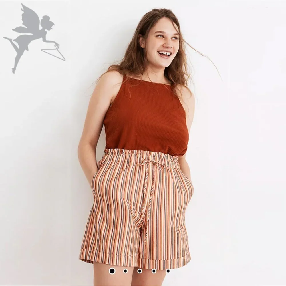 MADEWELL High Waisted Paperbag Shorts in May Rain Stripe Classic Coral